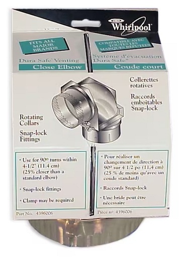 Whirlpool Dryer Vent Elbow Connector - 4396006RW, Replaces: 4396006